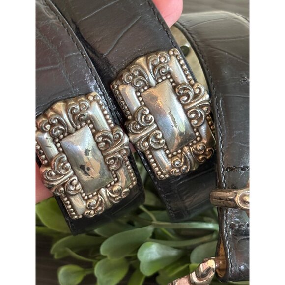Vintage Brighton Leather Belt, Embossed Alligator Print leather, Concho Silver O - Picture 11 of 13